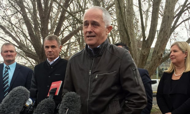Malcolm Turnbull in leather, talking in Cooma in New South Wales.