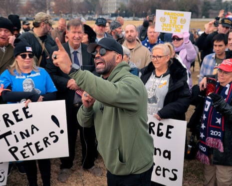 Enrique Tarrio speaks during a rally ahead of a memorial march, marking five years since the attack on the US Capitol, 6 January 2026.