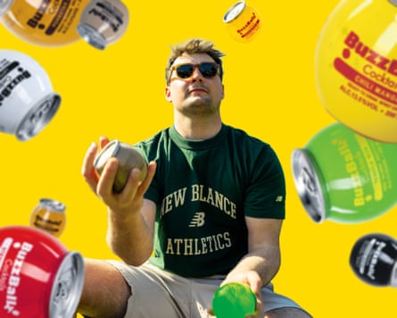 A man in sunglasses juggling cans of BuzzBalls against a yellow background, surrounded by bigger pics of flying BuzzBallz