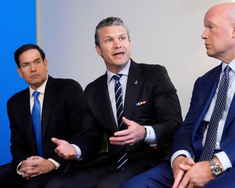 US foreign minister Marco Rubio, left, and defence minister Pete Hegseth speak to the media during a meeting of President Donald Trump and Nato Secretary General Mark Rutte at a Nato summit in The Hague, Netherlands.