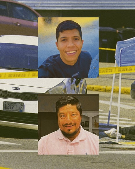 Composite photo of two men, one younger and one middle-aged, superimposed over a photo of a stopped car surrounded by police tape and the feet of a person lying prone just out of frame.