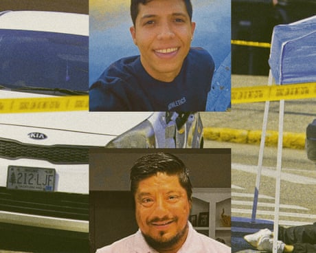 Composite photo of two men, one younger and one middle-aged, superimposed over a photo of a stopped car surrounded by police tape and the feet of a person lying prone just out of frame.