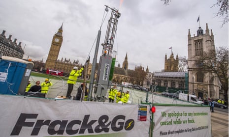 Greenpeace’s 10m high fracking rig outside the Houses of Parliament