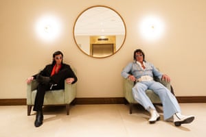 Elvis tribute artists Carl Memphis (L) and Nicolas Hemley pose before taking part in the European Elvis Championships