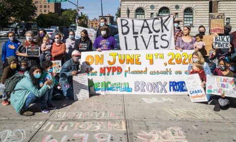 Local residents protest outside the NYPD’s 40th Precinct in Mott Haven section of the Bronx in October 2020 over the wrongful arrest of peaceful protesters at the 4 June protest.