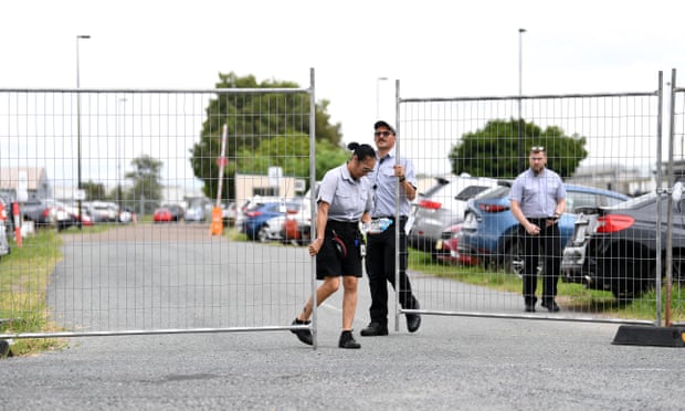 Security guards close the gate to the BITA detention centre in Brisbane on Monday
