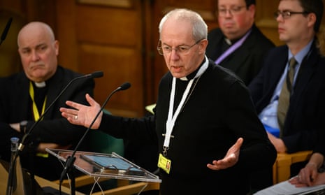 Archbishop of Canterbury, Justin Welby, addresses delegates during the General Synod on 6 February 2023 in London.