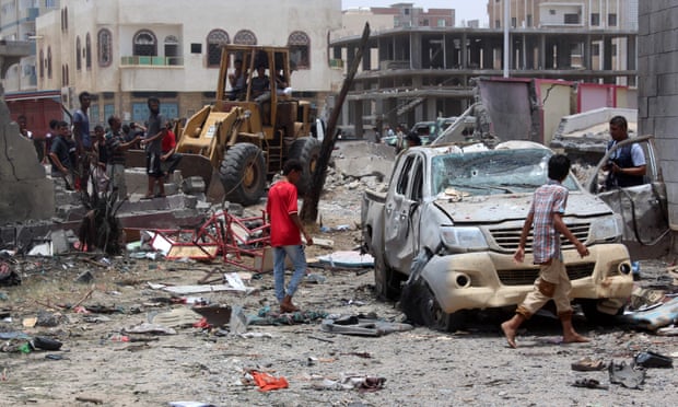 The car-bombing site at an army recruitment centre in the southern Yemeni city of Aden. 