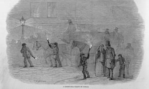 black and white illustration showing foggy street scene; two men with burning torches lead a horse and carriage, while in the foreground a small boy with a torch leads a family group.