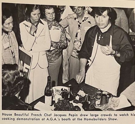 A page from a 1979 issue of AGA monthly showing celebrity chef Jacques Pépin at the American Gas Association booth at a home builders show.