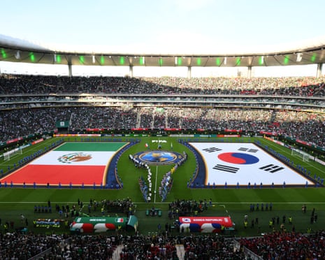 Players and match officials walk into the pitch before the FIFA World Cup 2026 Group A match between Mexico and Korea Republic