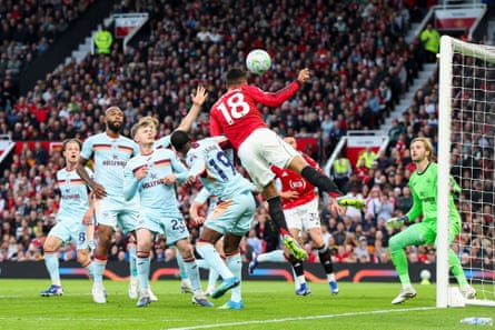Casemiro scores a headed goal against Brentford.