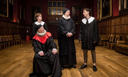 The cast of Horrox in costume in the actual locations depicted in the play in Emmanuel College, Cambridge.
