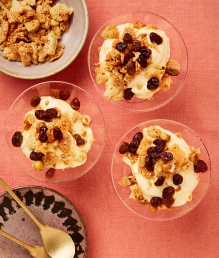 Edd Kimber’s nutmeg-baked custard with hazelnut streusel and rum-soaked raisins.