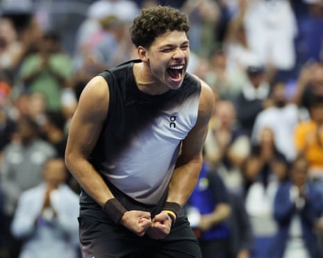 Ben Shelton clenches his fists and shouts triumphantly after his stunning US Open win.