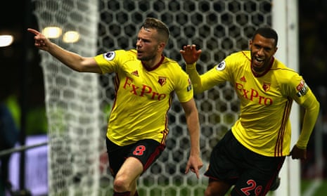 Tom Cleverley runs off towards the fans after his winner against Arsenal with his Watford team-mate Étienne Capoue in pursuit.