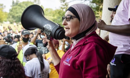 Linda Sarsour speaks at the Good Trouble Tuesday march for Breonna Taylor