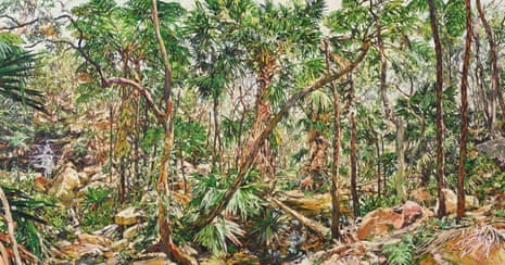 A drawing of a lush green bush including pandanus