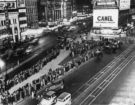 A queue for rations at Times Square, New York City, during the Great Depression