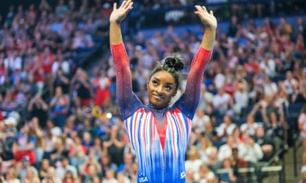Simon Biles waves to the crows after competing in the floor exercise during day four of the 2024 US Olympic trials in Minnesota last month