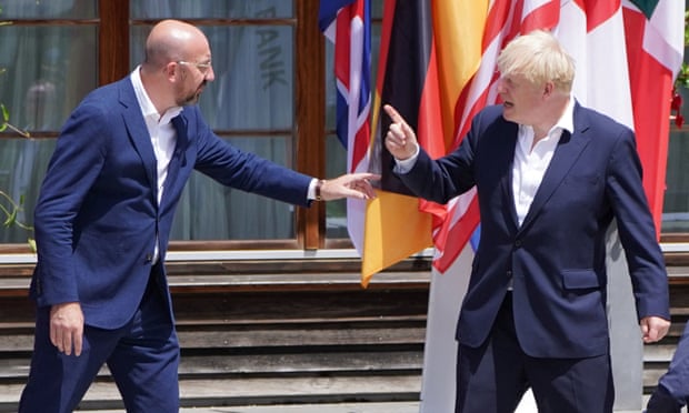 Johnson with Charles Michel, president of the European council, in Schloss Elmau, Germany, 27 June.