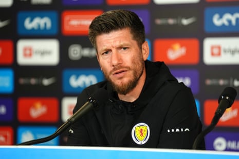 Sebastien Pocognoli fields questinos from reporters ahead of Scotland’s Nations League opener against Slovenia.