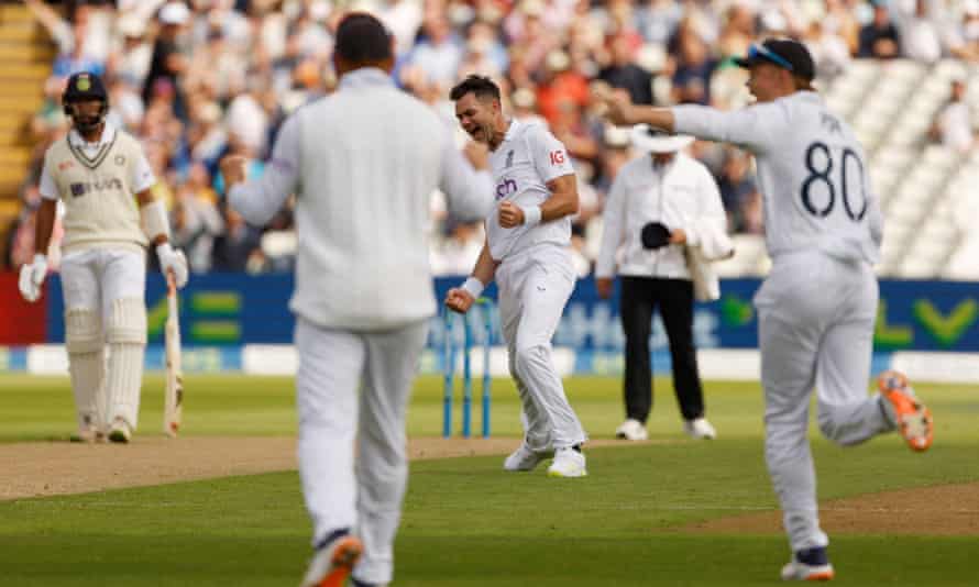 James Anderson celebrates after taking the wicket of India’s Shubman Gill