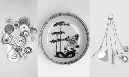 Personal objects from Wilcox’s new book, 
Patch Work. From left, mother-of-pearl buttons, 1900-1950; a porcelain saucer with blue underglaze, 1751, Jingdezhen, China; and a silver chatelaine, c1910.