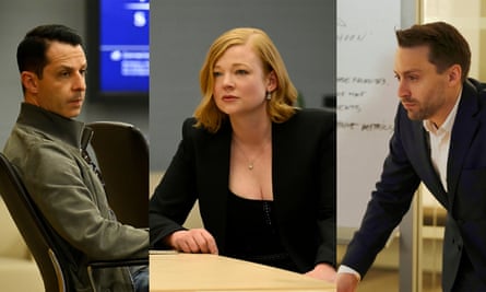 Photos shows Jeremy Strong as Kendall Roy, Sarah Snook as Shiv Roy, and Kieran Culkin as Roman Roy, in Succession.