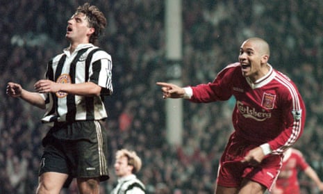 Stan Collymore celebrates after scoring Liverpool’s winning goal on an extraordinary night at Anfield, to the despair of Newcastle’s Philippe Albert.