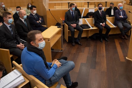 Rachid Hami sits in front of the seven men accused of manslaughter in November 2020.