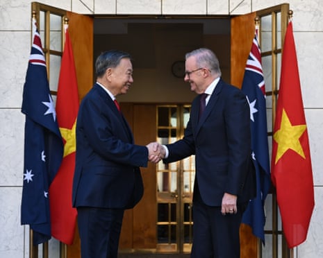 Vietnam General Secretary and President To Lam is greeted by Anthony Albanese ahead of a meeting at Parliament House