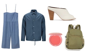 Jumpsuit, £49.99, mango.com Waterproof jacket, £81, rains.com Shoes, £160, reiss.com Lip and cheek colour (Petunia) by Stila from marksandspencer.com Backpack, £30, monki.com