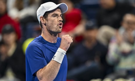 Andy Murray celebrates against Alexandre Muller in his round of 32 singles match during the Qatar Open at the Khalifa International Tennis Complex in Doha, Qatar on 20 February 2024
