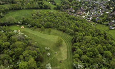 A view of the fourth hole at Llanymynech Golf Club, where golfers tee off from Wales and putt in England.