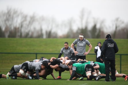 Aaron Smith of the All Blacks puts the ball into a scrum during training.