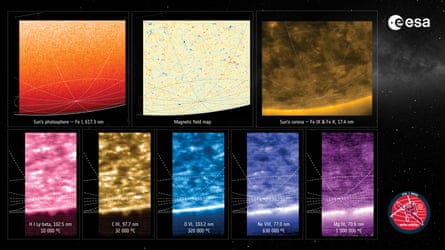 Eight views of the sun’s south pole are seen in this image released by the European Space Agency.
