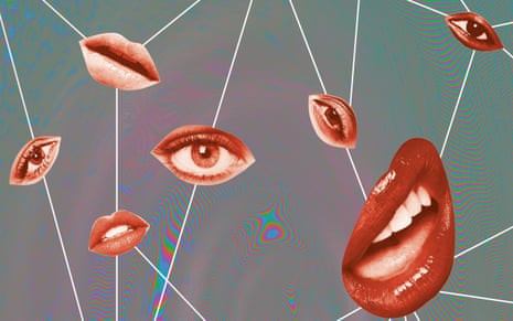 A psychedelic illustration of mouths and eyes and lines