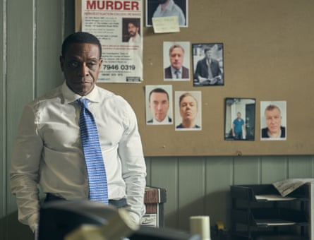 Richard Pepple as DI Graham Twyler in front of a police board of evidence