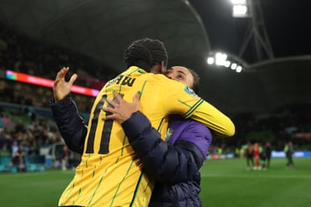 Khadija Shaw hugs Marta after Brazil’s exit