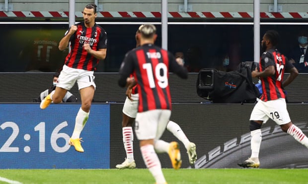 Zlatan Ibrahimovic jumps for joy after scoring the opening goal in Milan’s 2-1 victory over Inter