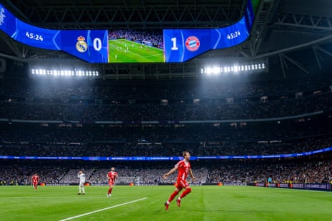 Harry Kane doubles Bayern Munich’s lead at Real Madrid within seconds of the start of the second half.