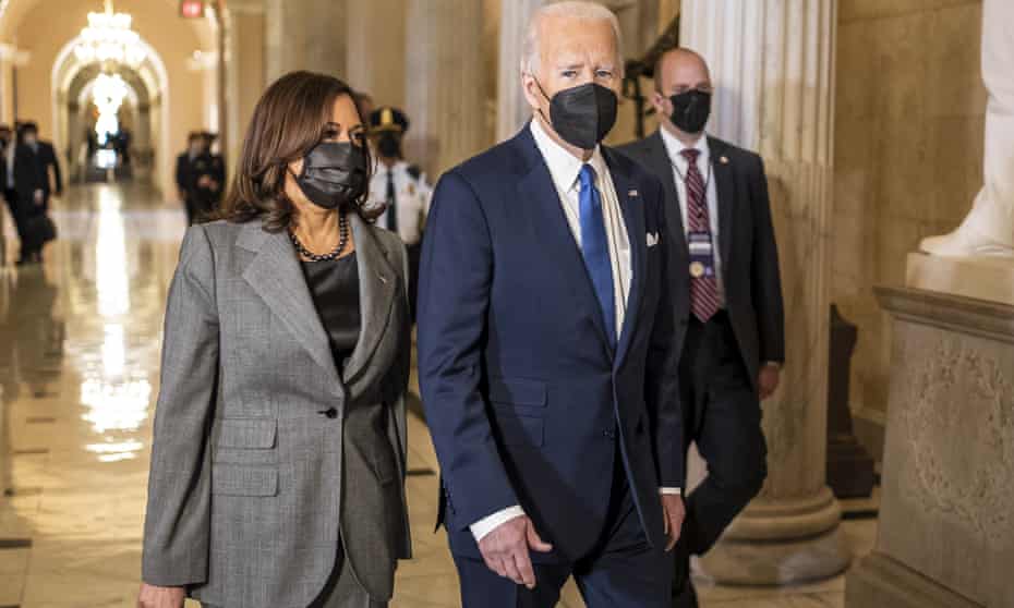 President Joe Biden departs with Vice-President Kamala Harris after he spoke at the US Capitol to mark the anniversary 6 January attack.