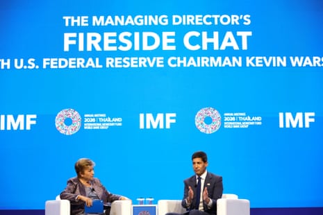 US Federal Reserve Chairman Kevin Warsh (right) speaks with IMF Managing Director Kristalina Georgieva (left) today.