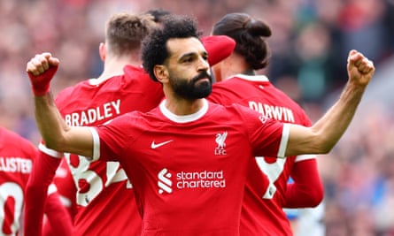 Mohamed Salah of Liverpool celebrates scoring Liverpool’s second goal against Brighton.