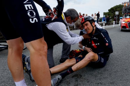 Geraint Thomas on the road after his early spill.