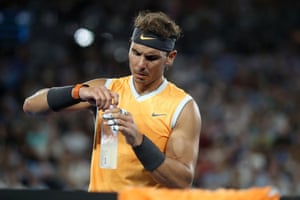 Rafael Nadal rehydrates at the 2019 Australian Open.