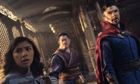 Xochitl Gomez, Benedict Wong and Benedict Cumberbatch, top, in Doctor Strange in the Multiverse of Madness.