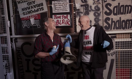 Mark Rylance and Michael Culver examine the Brian Haw archive at the Museum of London.