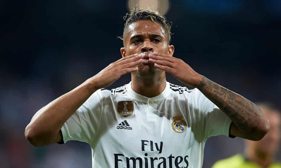 Real Madrid’s Mariano Díaz celebrates after scoring his team’s third goal against Roma after coming on as a substitute.